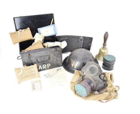 Air Raid Precautions - a group of ARP items to include a black metal First Aid box containing First Aid equipment, lid marked