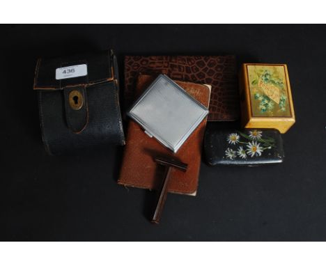 A dealers lot to include vintage gentlemans leather wallets, tolware metal snuff box, clothes brushes, cigarette case, forget