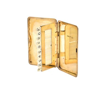 Asprey, London; an 18ct gold rectangular butt marker, opening to reveal ten numbered ivory tabs,the exterior engine turned an