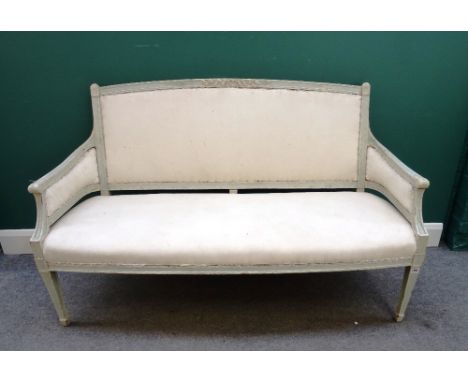 A George III cream and duck egg blue painted sofa, with downswept arms and bow seat, on tapering square supports, 150cm wide 