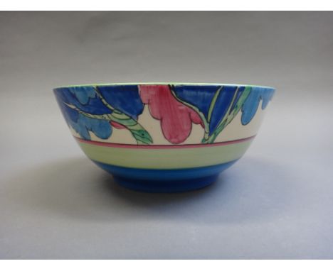 A Clarice Cliff Bizarre bowl, circa 1935, decorated in the 'Rudyard' pattern against a circular tapering ground, with black p