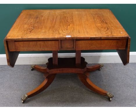 A Regency rosewood sofa table, with a pair of flush fit frieze drawers on four downswept supports, 92cm across x 150cm across