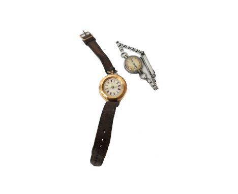 A lady's gold cased and enamelled wristwatch, with an unsigned gilt cylinder movement, base metal inner case, the enamelled d