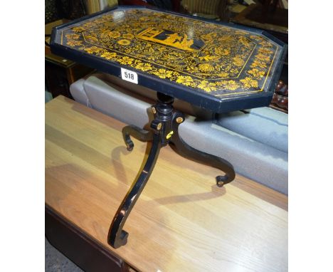 Thomas Meuel; a 20th century ebonised chinoiserie decorated tripod table on downswept ormolu mounted supports, 45cm wide x 56