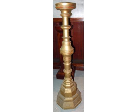 A Queen Anne style gold painted jardiniere stand, on ring turned column and octagonal plinth base, 23cm wide x 150cm high. 