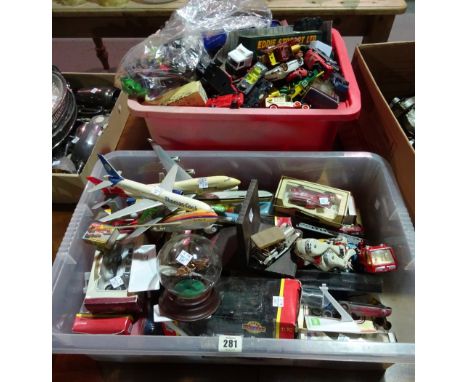 Toys, comprising; a quantity of Corgi, matchbox dinky and sundry die cast vehicles and quantity of plastic aeroplane models, 