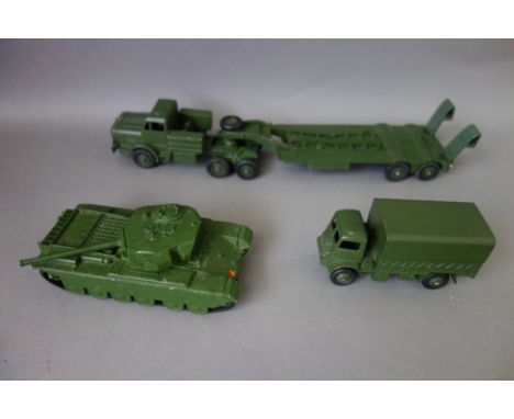 A Dinky 660 Tank Transporter, a Dinky 651 Centurion Tank and a Dinky 623 Army covered wagon, all boxed (paint refreshed in pl