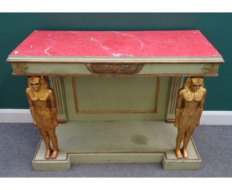 A pair of Egyptian Revival console tables, each with faux rectangular marble tops on gilt Egyptian figural supports, 125cm wi