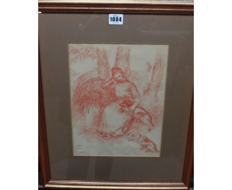 After Pierre Auguste Renoir, Woman with dogs, sanguine lithograph, with blindstamp, 30cm x 23cm.