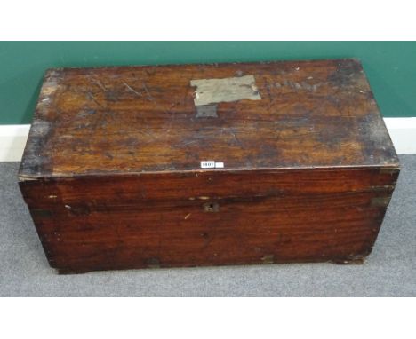 A 19th century metal bound rectangular camphor wood trunk, 90cm wide x 40cm high x 45cm deep.