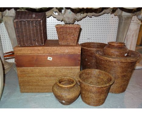 A quantity of wicker baskets of various shapes and sizes, and a small trunk, (qty). 