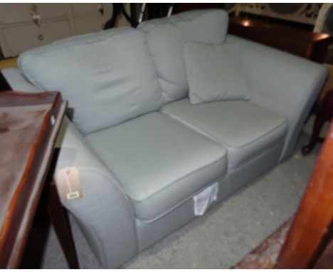 A 20th century grey upholstered two seat sofa, with outswept arms.