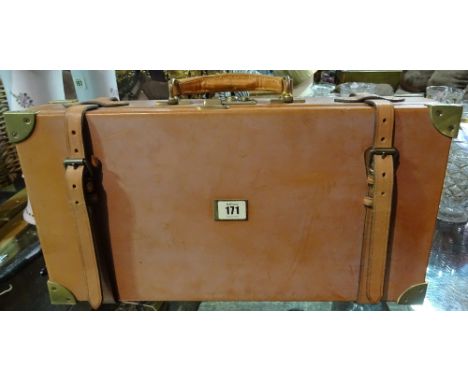 A 20th century tan leather and brass mounted rectangular case, fitted for ten drinking vessels, and a canvas and leather Holl