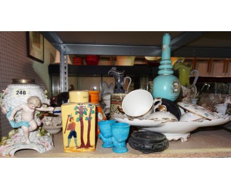 Ceramics, including; 19th century and later jugs, cups, plates, bowls, an oil lamp base modelled with cherubs, and sundry, (q