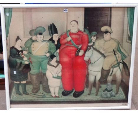 Fernando Botero (b.1932), Family group in an interior, colour print, signed in pencil, 79cm x 96cm.; together with a lithogra