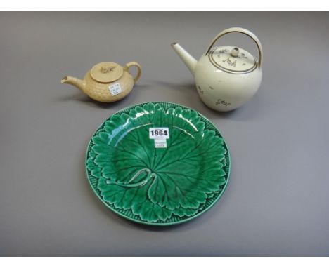 A set of eight Wedgwood green 'leaf' moulded plates, 20cm diam., a Wedgwood basalt footed bowl, a Wedgwood creamware teapot a