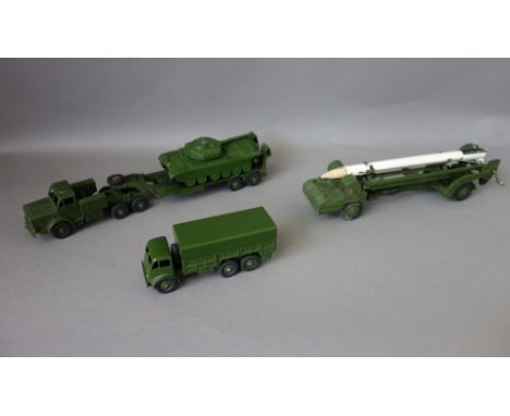 A Dinky 698 Gift set, Tank Transporter with tank, a Dinky 666 Missile Erector Vehicle with corporal missile and launching pla