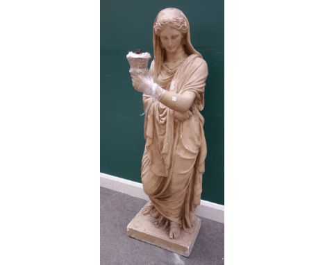 A plaster vestal virgin figure, the left hand adapted to take a light fitment, raised on an integral rectangular plinth, (a.f