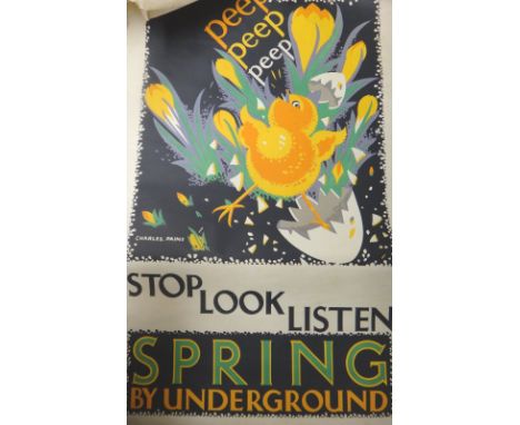 A quantity of vintage lithographic posters, including; 'Peep Peep Peep' by Charles Paine, 'Epping Forest' by Motor Bus, 'Koda
