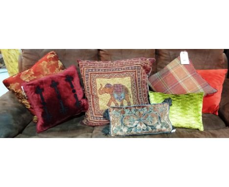 Textiles, comprising; a large group of 21st century cushions, including tweed, velvet and embroidered examples, (qty). 
