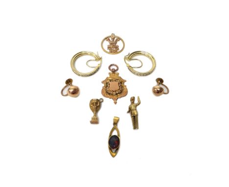 Mostly 9ct gold jewellery, comprising; a fob medallion, Birmingham 1915, a pair of colourless gem set earrings, a pair of hem