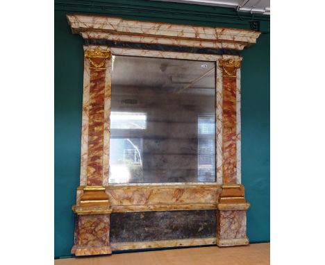A late 19th century Italian polychrome decorated simulated marble framed overmantel mirror, the plate within architectural fr
