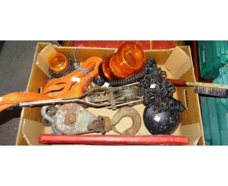 Tools, comprising; an aluminium tool box, an aluminium case, a hand powered wench, safety lights and sundry, (qty). 