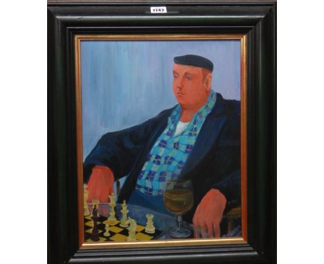 Margaret Loxton (20th century), A French worker playing chess, oil on board, signed, 41cm x 32cm. DDS