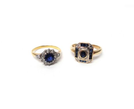 A gold, sapphire and diamond set cluster ring, claw set with the cushion shaped sapphire at the centre, in a surround of circ