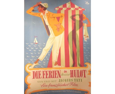 A Vintage German film poster, 'Die Ferien des Hulot', mid-20th century, coloured lithograph, laid to linen, 83cm x 59cm. 