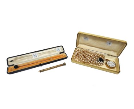 A lady's gold cased, keyless wind, openfaced fob watch, with an unsigned gilt jewelled lever movement, gilt metal inner case,