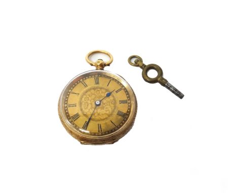A lady's gold cased, key wind, openfaced fob watch, with an unsigned gilt jewelled cylinder movement, gilt metal inner case, 