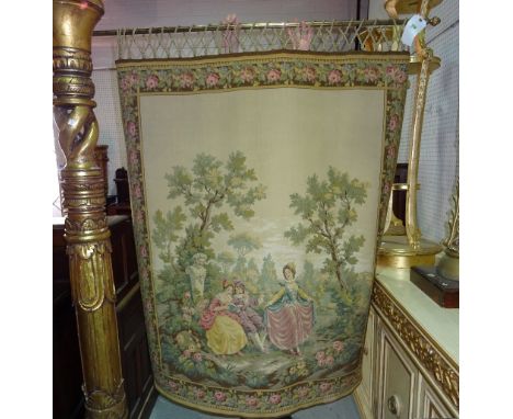 A 20th century tapestry depicting a classical scene of a man playing an instrument with two ladies, 126cm wide x 145cm long. 