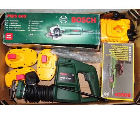 Tools comprising; a Bosch angle grinder, boxed, a Bosch electric screwdriver, boxed, a quantity of Dewalt 18v batteries and s