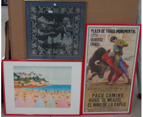 A bull fighting poster, a pair of watercolour landscapes by Dunn, a colour lithograph of a beach scene, a chalk drawing and a