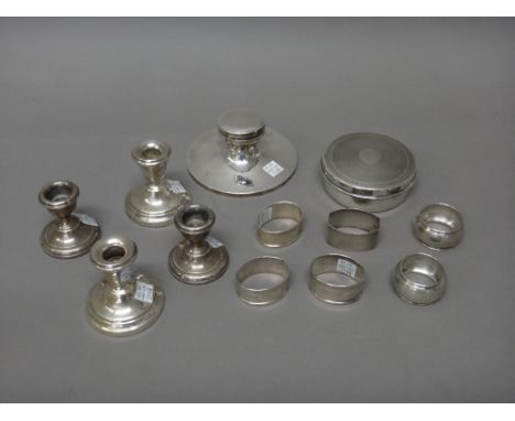 Silver and silver mounted wares, comprising; a circular box, with engine turned decoration, Birmingham 1948, a circular inkst