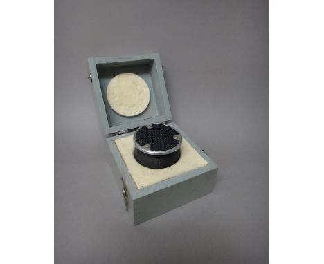 A vintage 'Ball & Biscuit' 4021 type microphone, by Standard Telephones & Cables Ltd, boxed.  Illustrated