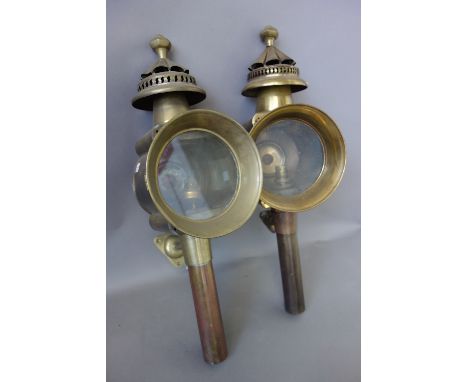 Three copper, brass and glass coaching lamps, each with applied plaques for 'Lime House Light Company', 59cm high, (3).