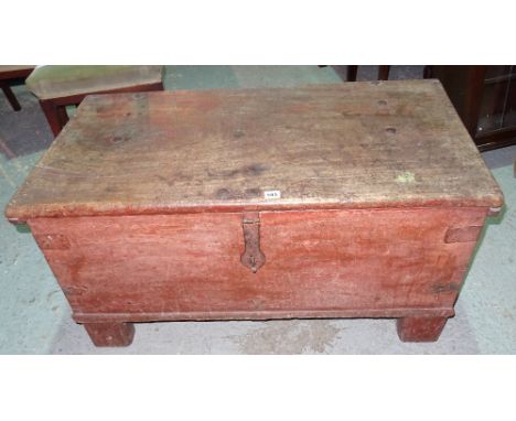 An early 20th century teak metal bound trunk, 100cm wide x 52cm high.