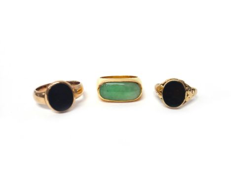 A gold and jade solitaire ring, ring size R, a gold signet ring, mounted with an oval bloodstone, ring size Q and a Victorian