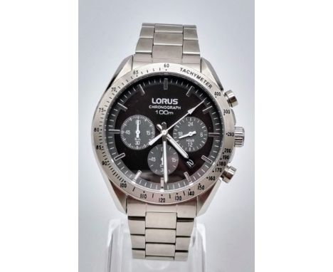 A Lorus Chronograph Gents Watch. Stainless steel strap and case - 42mm. Black dial with three sub dials. Quartz movement. In 