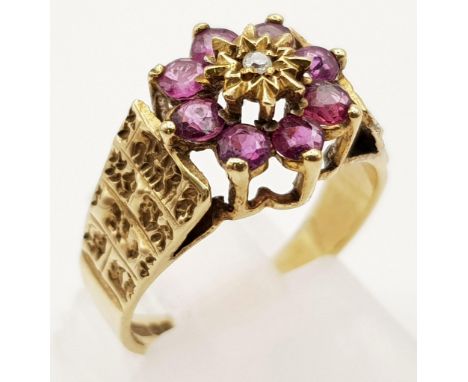 9K YELLOW GOLD VINTAGE DIAMOND &amp; RUBY CLUSTER RING 3G SIZE L 1/2 