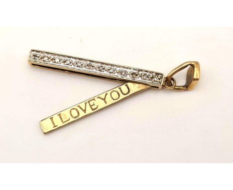 A 9 K yellow gold diamond pendant with a back section that comes out with the inscription: I LOVE YOU. Length: 3 cm, weight: 