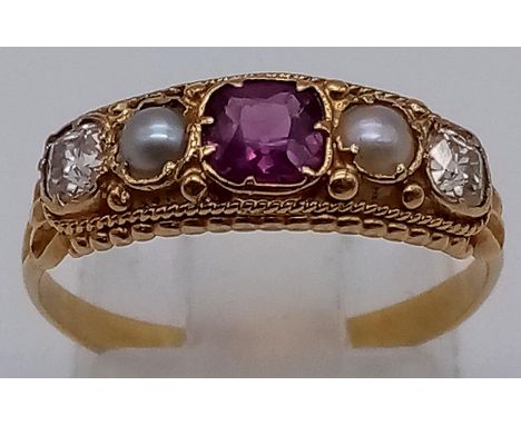 An Antique 18K Yellow Gold Ruby, Pearl and Diamond Ring. Beautiful quality gemstones and pearls. Size N. 2.53g total weight. 