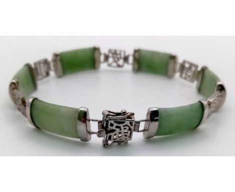 A Vintage Bar Jade Bracelet Set in 925 Silver with Pierced Asian Decorative Connectors. 18cm 