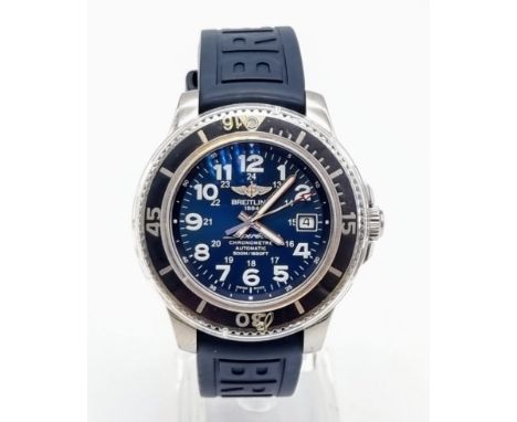 A Breitling Super Ocean Chronometer Gents Watch. Blue rubber strap. Stainless steel case -41mm. Blue dial with date window. A