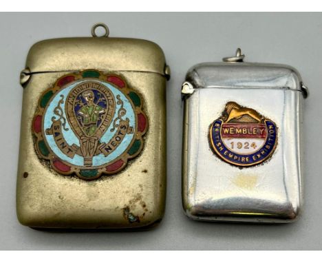 Two Antique Silver Plate Vesta Cases Both with Interesting Enamel Additions. 