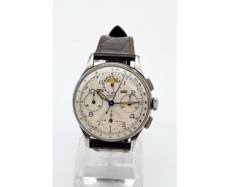 A Vintage Universal Chronograph Gents Watch. Brown leather strap. Stainless steel case - 38. White dial with four sub dials. 