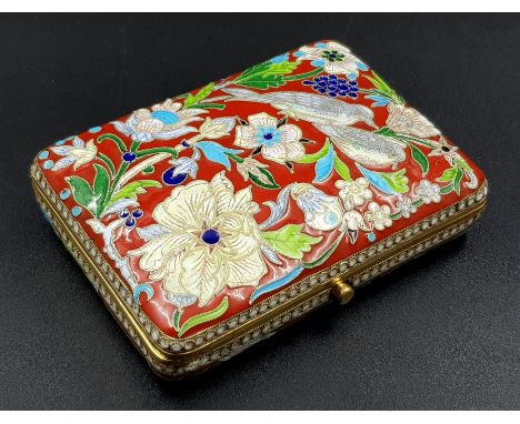 A Beautifully Crafted  Russian Silver Gilt and Cloisonné Enamel Cigarette Case. Red base enamel with bird and floral decorati