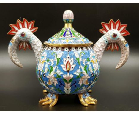 A Spectacular Russian Silver-Gilt and Cloisonné Enamel Lidded Sugar Bowl. Richly gilded interior with Double Peacock head han